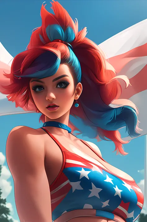 cleavage, huge breasts, flag, cleavage, sports bra, detailed face, colorful clothing, park, sky, trees, bikini, water, underwater, undersea, 1girl, scuba, woman, 1girl, fantasy, vivid colorful hair, toned, choker, bounty hunter outfit, bokeh background, fa...