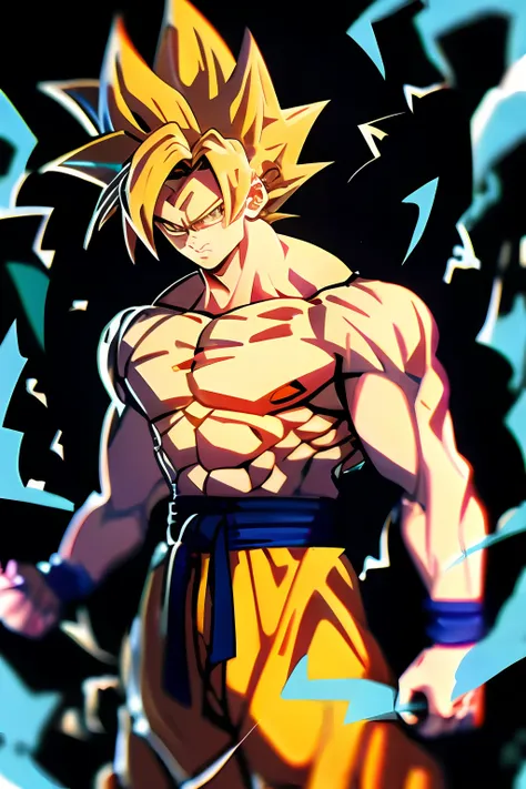 a close-up of a cartoon character，holding a sword in hand, super saiyan, super saiyan goku, super sayan, super sayian goku, goin...