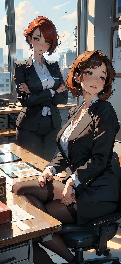 ("portrait of a office lady sitting on the desk in a strict suit") office workers, business woman, OL, pantyhose, garter belt. (face: double eyelids, chubby cheek, thick lips, blushing), (expression: disgusted="half closed eyes"), "(hair: redhead pixie cut...