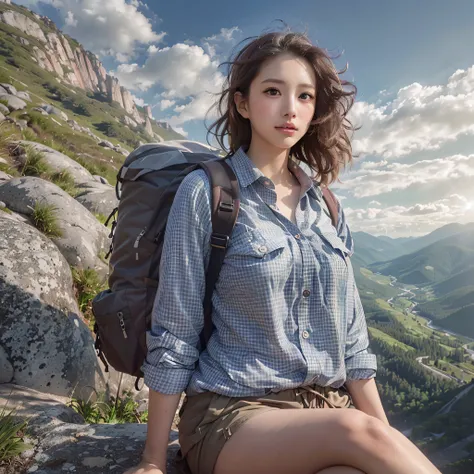 (Ultra-detailed background, Magnificent mountain views, blue open sky, white clouds):1.3, Shooting with an ultra-wide-angle lens, The upper part of the body, (the morning sun), (medium hair, dark brown hair), (top-quality, Photorealsitic:1.4, masterpiece:1...