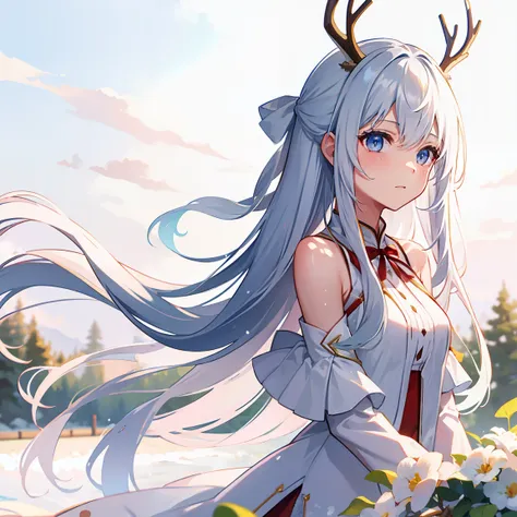 long whitr hair，snowfield，beast ear，deer antlers，long  white hair，vividness，beautiful summer pool，shinkai sincerely