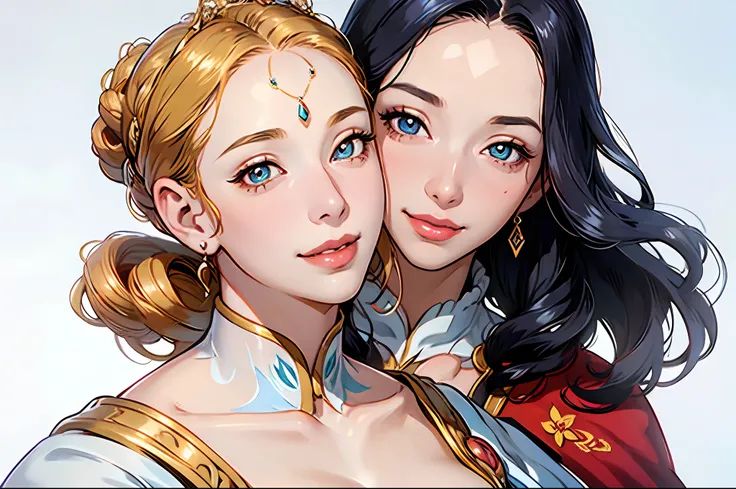 2 women aligned, smile, jewel, gorgeous, splendid, luxurious, (golden), goddess, motherhood, queen, drill hair, (forehead), saints, mature women, embroidery, cape, white dress, gleaming skin, detailed pupils, perfect eyes, perfect face, (((face focus))), S...