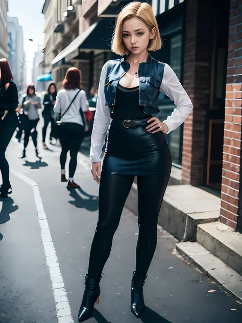 (masterpiece, best quality:1.4), (on the street), (full body:1.5), (standing:1.5), (dinamic pose:1.8), 1girl, solo, c18, blue_eyes, short , blond hair, highly detailed face, highly detailed skin, skin pores, (highly detailed face:1), (higly detailed eyes:1...