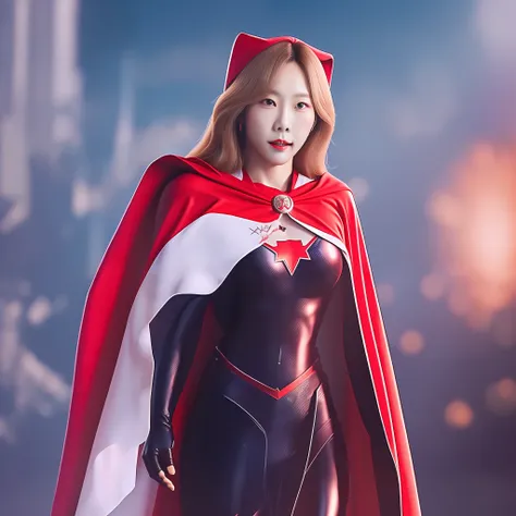 ultra-clear and realistic
tae-yeon ，transform into a uniform with a flag symbol on your chest，red cape+red gloves and red flag p...