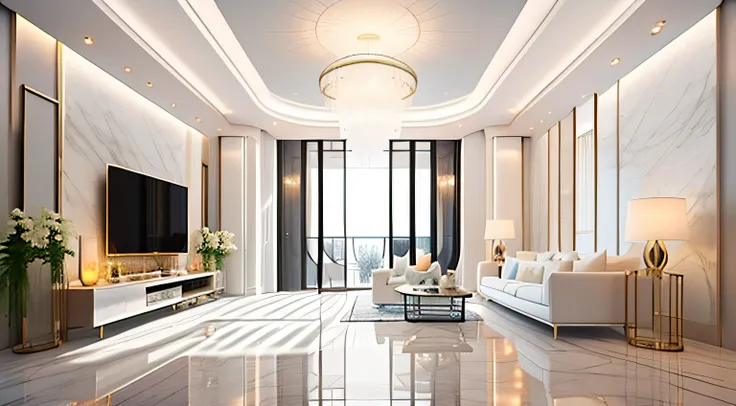 a small apartment that is lit up with a light, in the style of light white and white, maximalism, beijing east village, vibrant ...