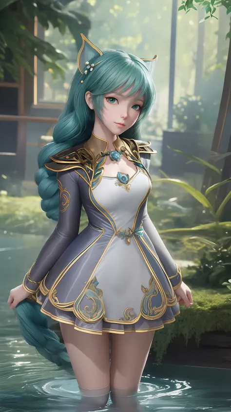 Arapei in a blue and white dress stood in the water, Anime girl walking on water, closeup fantasy with water magic, azur lane style, trending on cgstation, Anime girl cosplay, seraphine ahri kda, Splash art anime Loli, trending at cgstation, realistic wate...