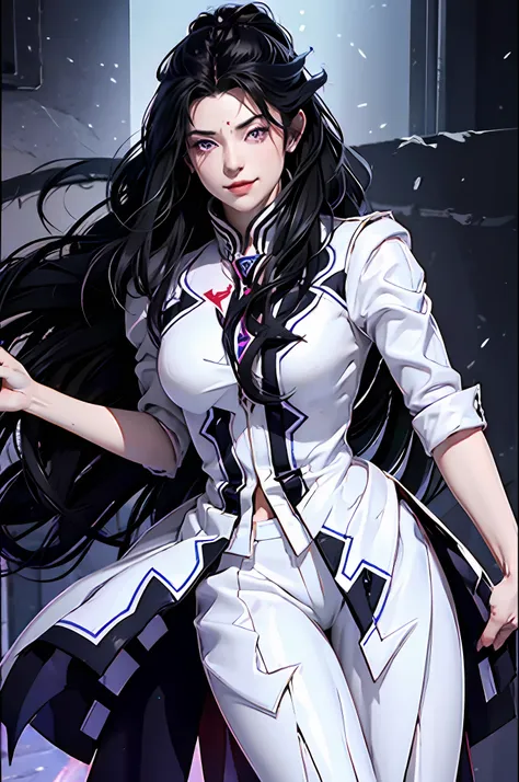 female arbiter vildred, 1 girl, detailed face, beautiful face, black long hair, sharp eyes, deep starring, white tuxedo, killer ...