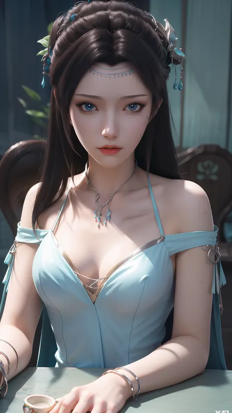 The Arad woman in a blue dress sits at the table, closeup fantasy with water magic, 2. 5 D CGI anime fantasy artwork, Anime fantasy illustration, Detailed digital anime art, beautiful fantasy anime, Smooth anime CG art, Anime fantasy artwork, 8K high quali...