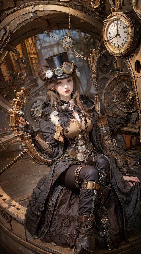 woman in steampunk costume taking photo, wearing steampunk attire, steampunk fantasy style, (steampunk), ( steampunk ), a steamp...