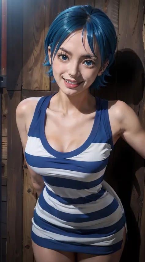 ann reiju from anime one piece, blue hair, short hair, wearing blue and white stripes dress, beautiful, beautiful woman, standin...