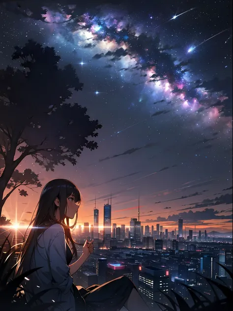 sky, star (sky), scenery, starry sky, night, 1girl, night sky, solo, outdoors, building, cloud, milky way, sitting, tree, long h...