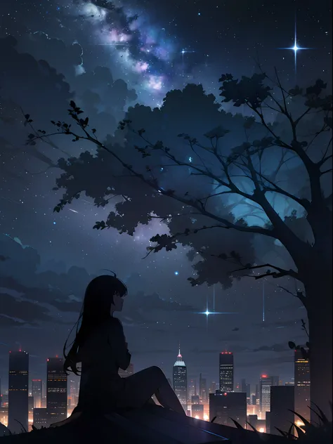 sky, star (sky), scenery, starry sky, night, 1girl, night sky, solo, outdoors, building, cloud, milky way, sitting, tree, long h...