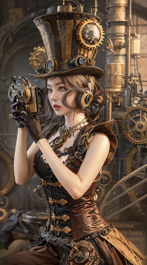 woman in steampunk costume taking photo, wearing steampunk attire, steampunk fantasy style, (steampunk), ( steampunk ), a steamp...