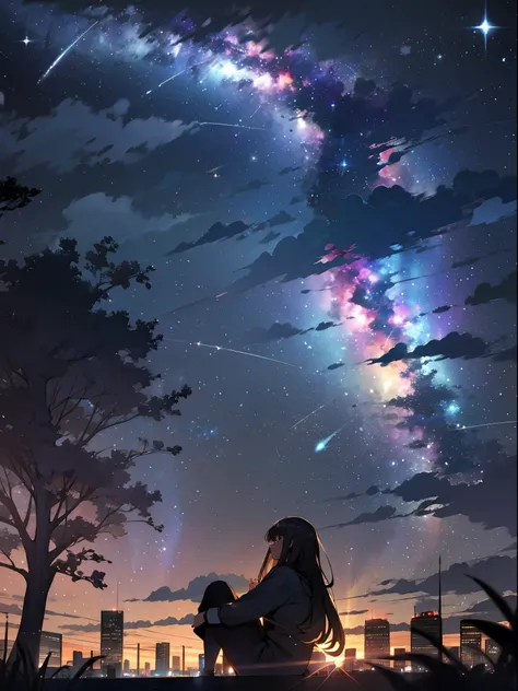 sky, star (sky), scenery, starry sky, night, 1girl, night sky, solo, outdoors, building, cloud, milky way, sitting, tree, long h...