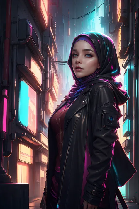 (blue and magenta), (neon cyberpunk hijab: 1.5), [style: neon cyberpunk: 1.3], (raw photos: 1.2), (perfect eyes: 1.5)),  (photor...