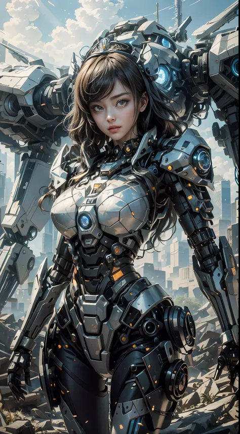 ((Best Quality)), ((Masterpiece)), (Very Detailed:1.3), 3D, Shitu-mecha, Beautiful cyberpunk woman wearing a crown with her mecha in ruins of a city of forgotten wars, streets with mecha in firefight, long silver hair, sci-fi technology, HDR (High Dynamic ...