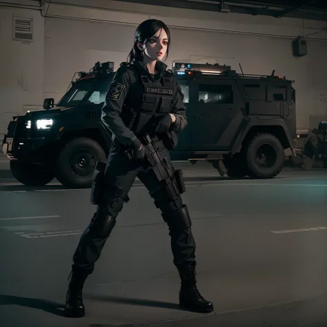 Beautiful tall attractive woman with black swat military uniform holding a gun night scenario with swat car with cyrene in best quality and best effects best shadows best lighting 8k