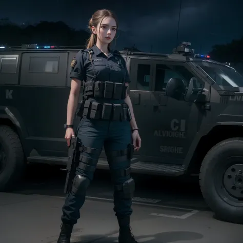 beautiful tall attractive woman with black swat military uniform holding a gun night scenario with swat car with cyrene in best ...