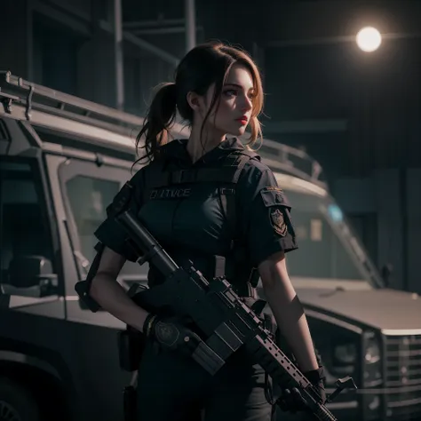 beautiful tall attractive woman with black swat military uniform holding a gun night scenario with swat car with cyrene in best ...