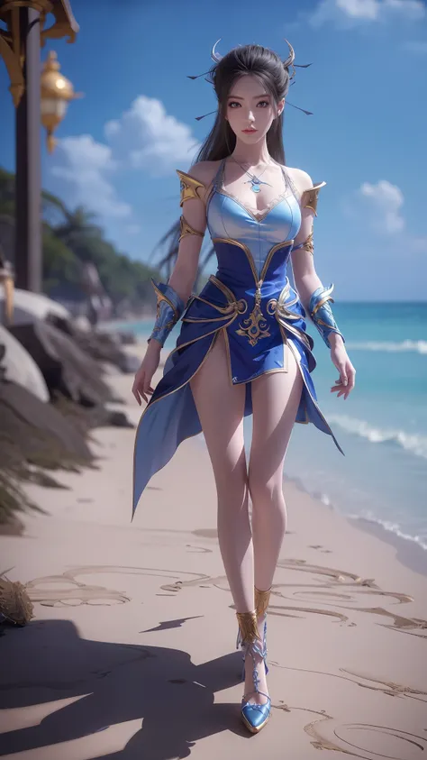 Arad woman in blue dress and white shirt walking on the beach, photorealistic anime girl rendering, render of a cute 3d anime girl, 3 D rendering character art 8 K, realistic fantasy rendering, Costume with blue accents, wearing fantasy clothing, fantasyou...