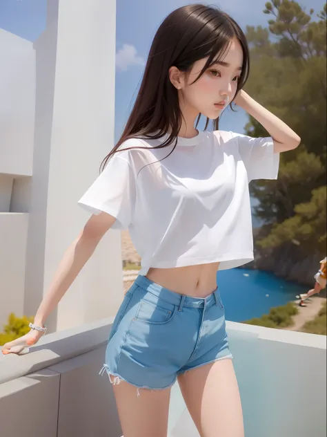 Arapei girl standing on windowsill in white shirt and blue shorts, korean womens fashion model, girl dancing on cliff, dilraba dilmurat, in shorts and t-shirt, bae suzy, personal profile picture, skinny waist and thick hips, white trendy clothes, Single im...