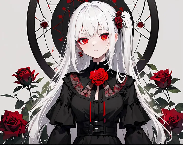 (best quality, masterpiece), (1girl, solo, black dress, standing , looking at viewer, white hair, red eyes, holding rose, closed...