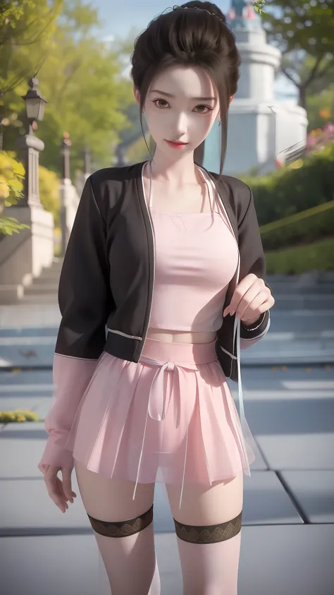 There is a woman in a short skirt and jacket posing for a photo, Surrealism female students, Surrealism female students, Realistic schoolgirl, photorealistic anime girl rendering, small curvaceous loli, thighhighs and skirt, 3 d anime realistic, highly det...