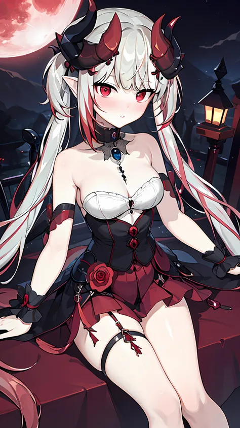 ((​masterpiece, top-quality, Extremely precise))、1girl in, 独奏, red eyes, ((Detailed and beautiful eyes))、silber hair, Red striped hair, demon girls, demon tail, demonic wings, demonic horns, Square pupil, (mideum breasts), a street, full bodyesbian, (natta...