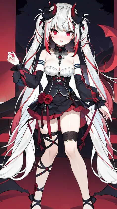 ((​masterpiece, top-quality, Extremely precise))、1girl in, 独奏, red eyes, ((Detailed and beautiful eyes))、silber hair, Red striped hair, demon girls, demon tail, demonic wings, demonic horns, Square pupil, (mideum breasts), a street, full bodyesbian, (natta...