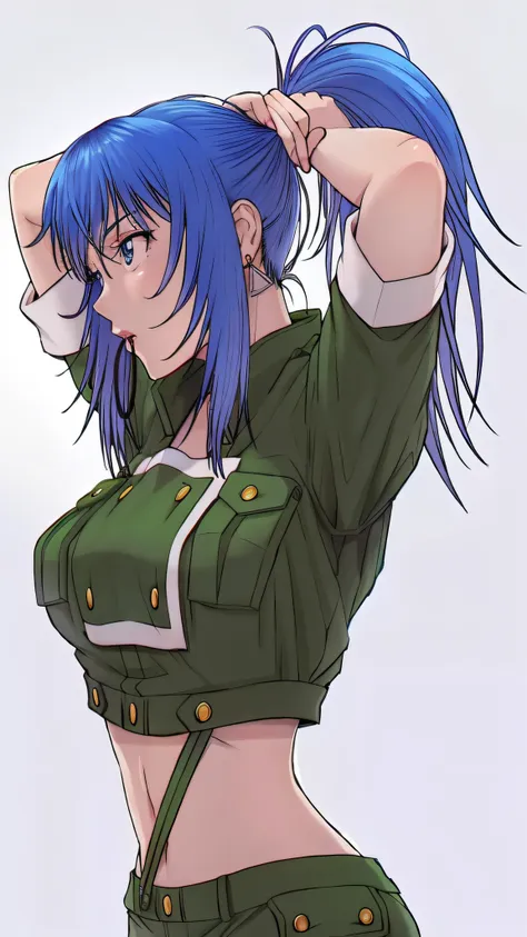 anime girl posing for photo with blue hair and green uniform, misato katsuragi, inspired by rei kamoi, marin kitagawa fanart, cu...