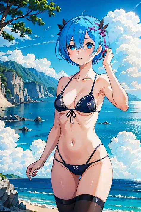 1girl, rem, (micro bikini blue:1.2), mid chest, na praia, boca aberta,, (obra-prima:1.2), highres, melhor qualidade, 8k,