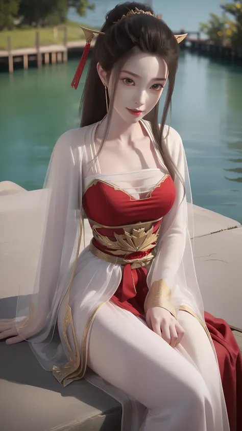 Arad woman in a red dress sitting on a dock by the lake, a photorealistic painting inspired by Du Qiong, Trend of CGsociety, Fantasy art, lady in red armor, wearing gilded red robes, beautiful and seductive anime woman, succubus in tight kilt, wearing gild...