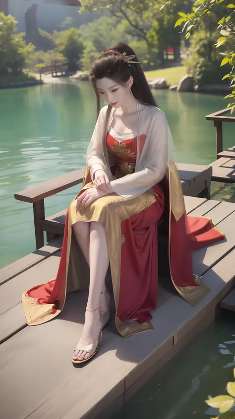Arad woman in a red dress sitting on a dock by the lake, a photorealistic painting inspired by Du Qiong, Trend of CGsociety, Fantasy art, lady in red armor, wearing gilded red robes, beautiful and seductive anime woman, succubus in tight kilt, wearing gild...