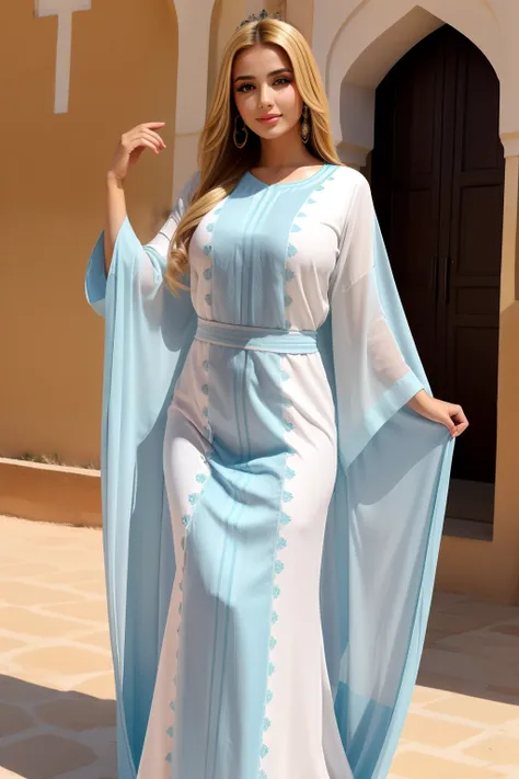 Blond, super belle portant caftan marocain couvre son corps entier respectable environnement Marocain