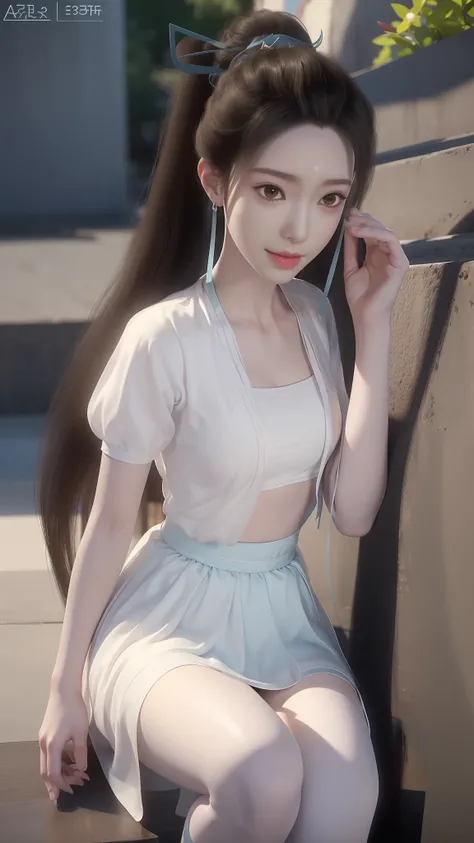Arad woman posing for photo in short skirt and white shirt, Surrealism female students, Surrealism female students, Realistic schoolgirl, photorealistic anime girl rendering, thighhighs and skirt, 3 d anime realistic, small curvaceous loli, wearing skirt a...