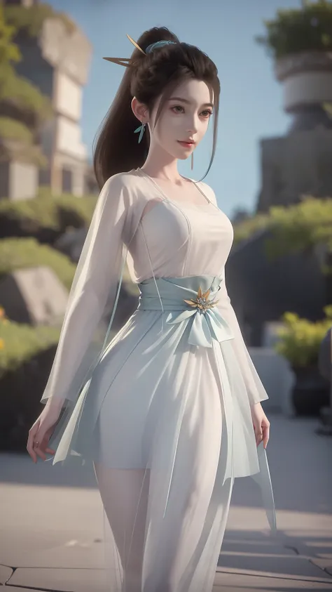 Anime girl in white dress walking on beach, Inspired by 3D renderings by Cynthia Shepard, Trend of CGsociety, Fantasy art, fantasyoutfit, fantasy style clothing, 3 D rendering character art 8 K, realistic fantasy rendering, stuning fantasy 3 d render, wear...