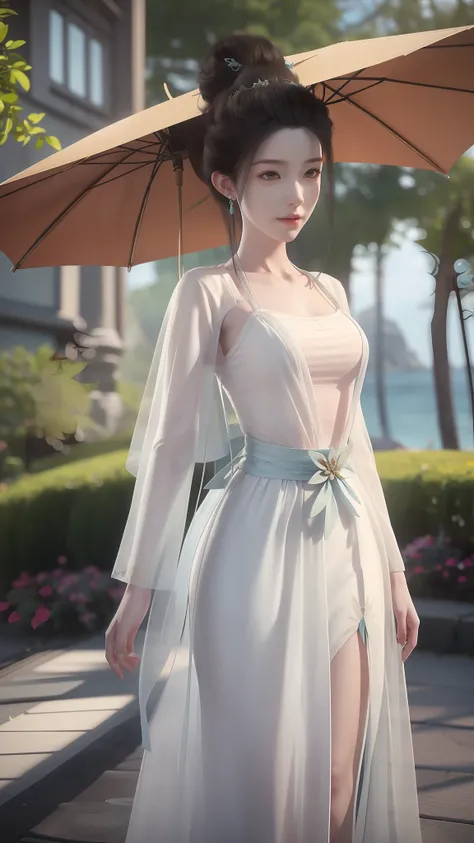Anime girl in white dress walking on beach, Inspired by 3D renderings by Cynthia Shepard, Trend of CGsociety, Fantasy art, fantasyoutfit, fantasy style clothing, 3 D rendering character art 8 K, realistic fantasy rendering, stuning fantasy 3 d render, wear...