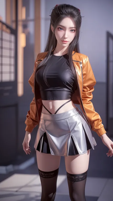 there is a woman in a skirt and a jacket posing for a picture, Surrealism female students, Surrealism female students, Realistic schoolgirl, thighhighs and skirt, photorealistic anime girl rendering, 3 d anime realistic, Smooth anime CG art, photorealistic...