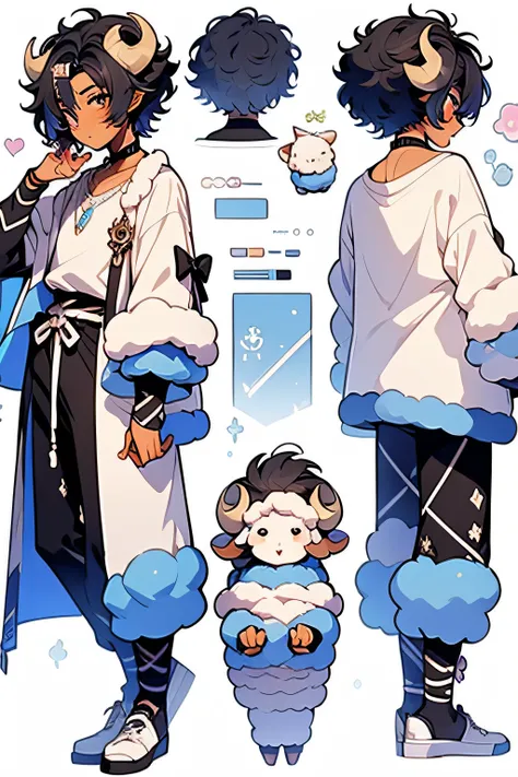 sheep boy anime, refsheet, anime styled, character design, masc, pretty boy, tall, blue, darkskin, black hair, blue, white , she...