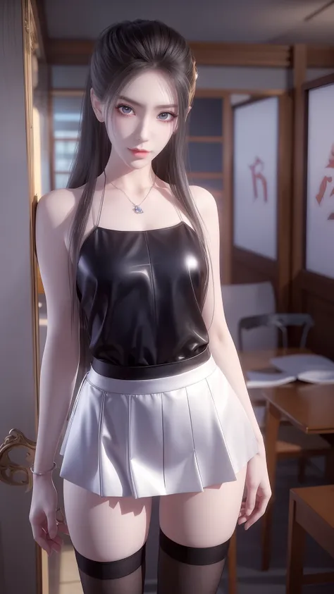 Arad woman posing for photo in short skirt and white shirt, Surrealism female students, Surrealism female students, Realistic schoolgirl, photorealistic anime girl rendering, thighhighs and skirt, 3 d anime realistic, small curvaceous loli, wearing skirt a...