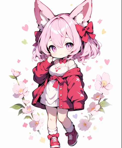 1girl, solo, animal ears, pink hair, socks, hair over one eye, virtual youtuber, full body, breasts, white background, simple ba...