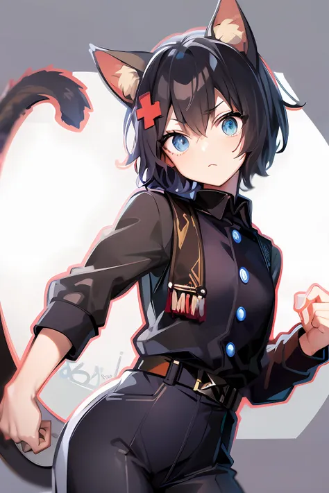 an anime character with a cat in a blue uniform and a red bow, 2 d anime style, also, 2d anime, anime moe art style, boy with ca...