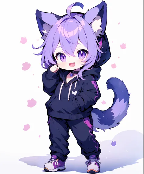 1girl, animal ears, virtual youtuber, nekomata okayu, cat ears, solo, tail, cat tail, purple eyes, purple hair, pants, ahoge, wh...