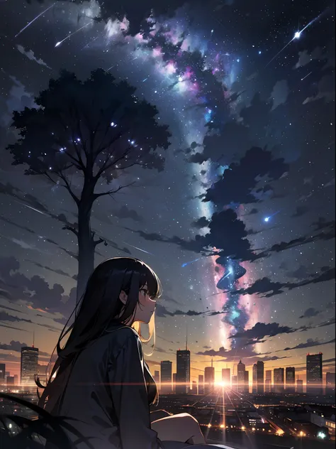 sky, star (sky), scenery, starry sky, night, 1girl, night sky, solo, outdoors, building, cloud, milky way, sitting, tree, long h...