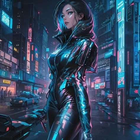 in this futuristic masterpiece, a woman of age 30 exudes an alluring and confident aura as a futuristic femme fatale. the settin...