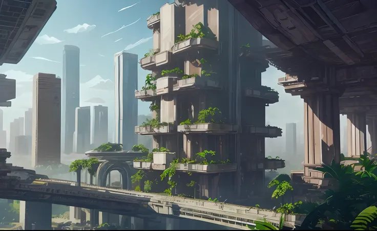 generate a photorealistic image of a abandoned futuristic city in the jungle, with towering structures, advanced technology, and...