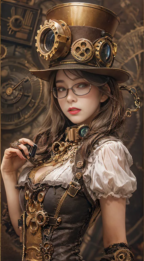 woman in steampunk costume taking photo, wearing steampunk attire, steampunk fantasy style, (steampunk), ( steampunk ), a steamp...