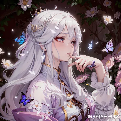 anime girl with long white hair and butterfly in her hair, white-haired god, ((a beautiful fantasy empress)), guviz, guweiz in p...