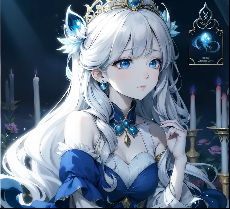 animemanga girl，long  white hair，wearing a tie and a blue dress, ((a beautiful fantasy empress)), a beautiful fantasy empress, i...