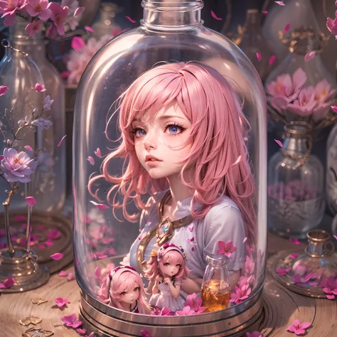 a pink-haired girl trapped in a bottle，detailed depiction of the face，